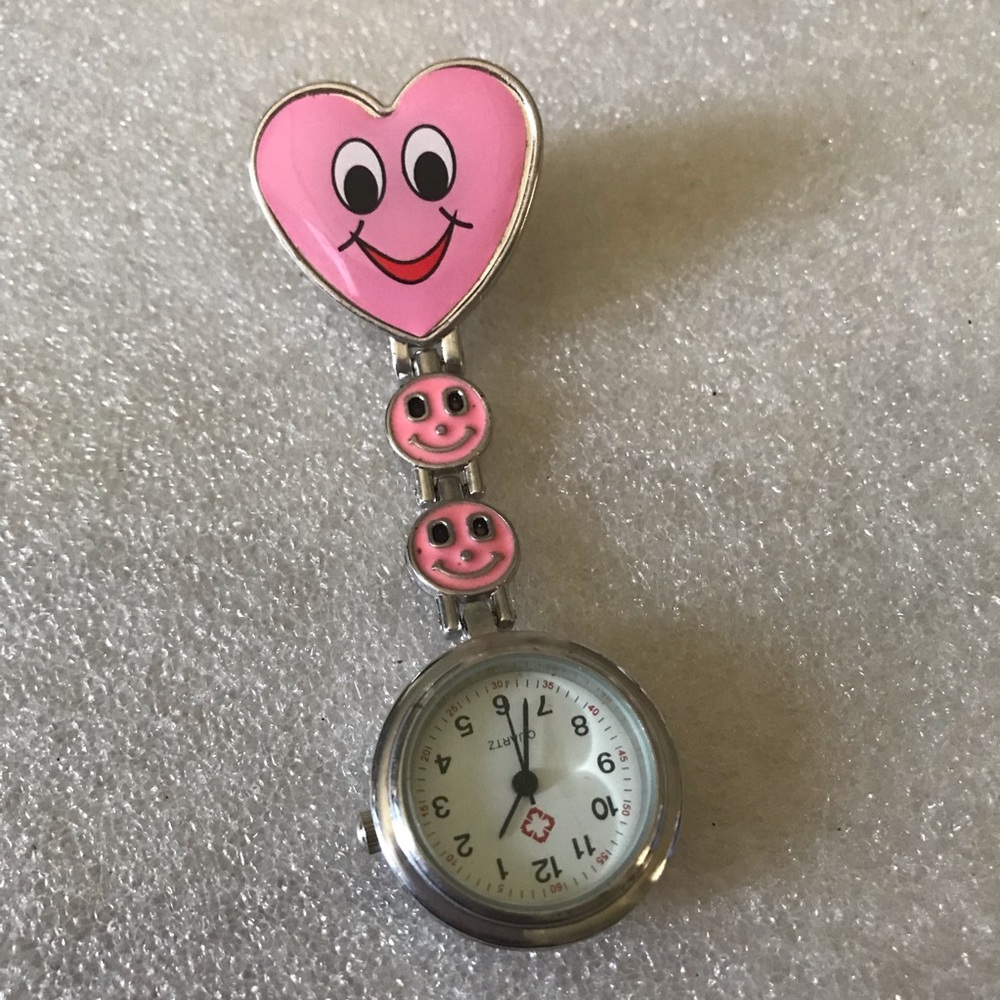 Pink Heart Smiley Nurse Fob Watch - Clip